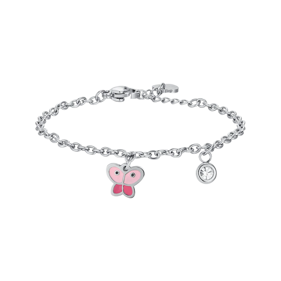 luca barra - BRACCIALE BAMBINA IN ACCIAIO CON FARFALLA CON SMALTO ROSA E CRISTALLO BIANCO