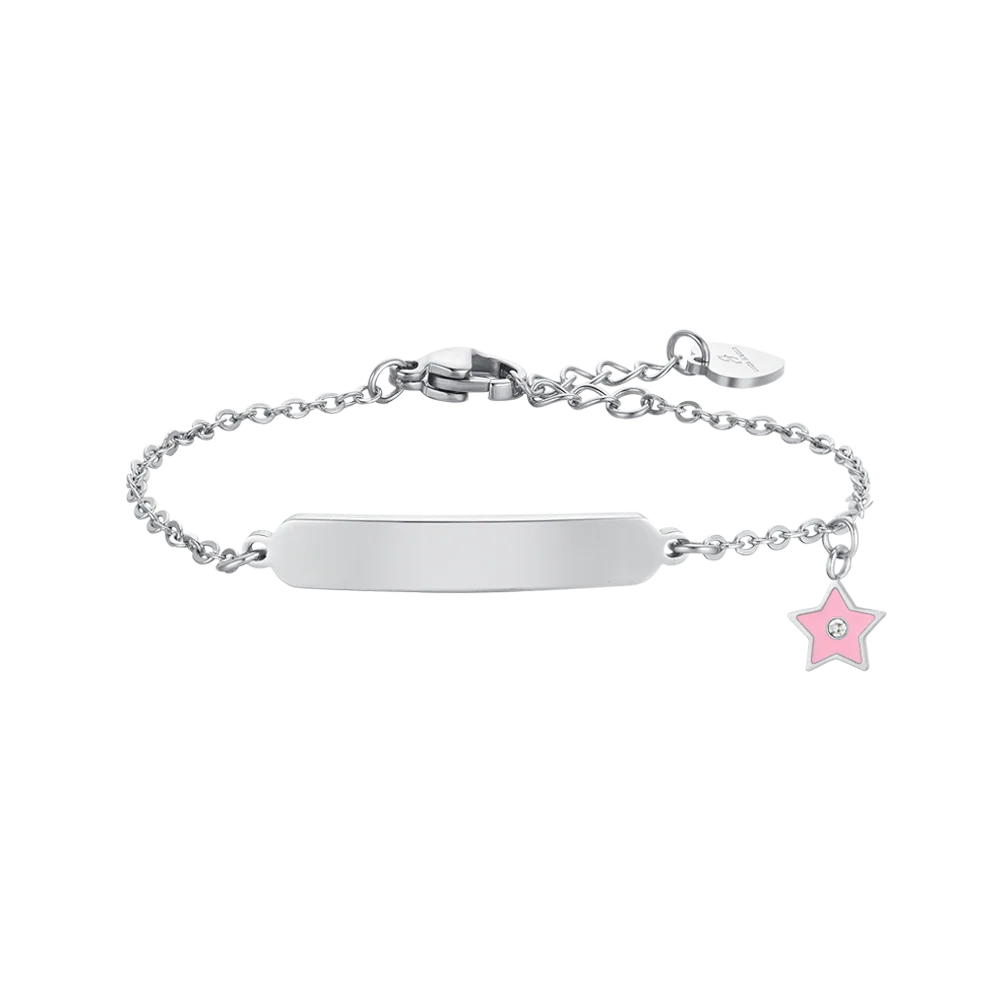 luca barra - BRACCIALE BAMBINA IN ACCIAIO con stellina in SMALTO ROSA E PIASTRA