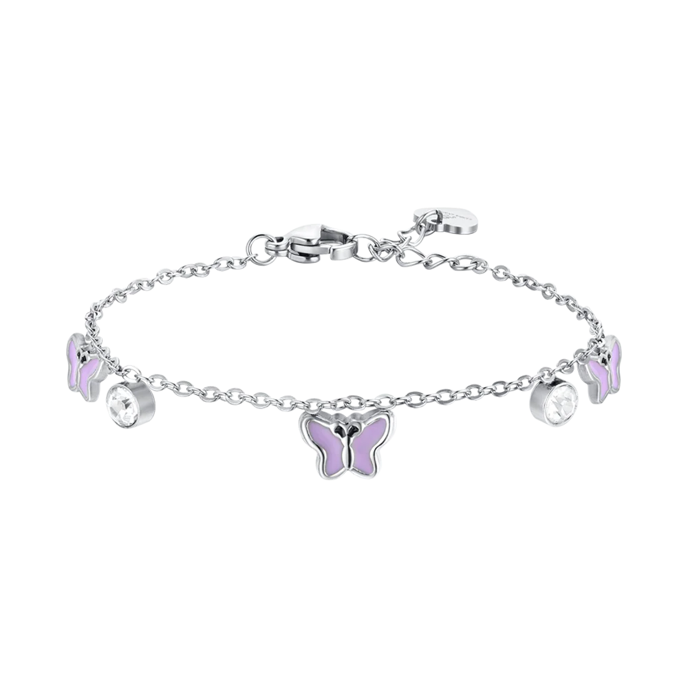 luca barra - BRACCIALE BAMBINA IN ACCIAIO con farfalle in SMALTO VIOLA
