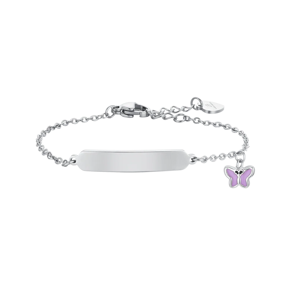 luca barra - BRACCIALE BAMBINA IN ACCIAIO con farfalla in SMALTO VIOLA E PIASTRA