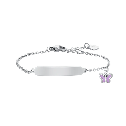 luca barra - BRACCIALE BAMBINA IN ACCIAIO con farfalla in SMALTO VIOLA E PIASTRA
