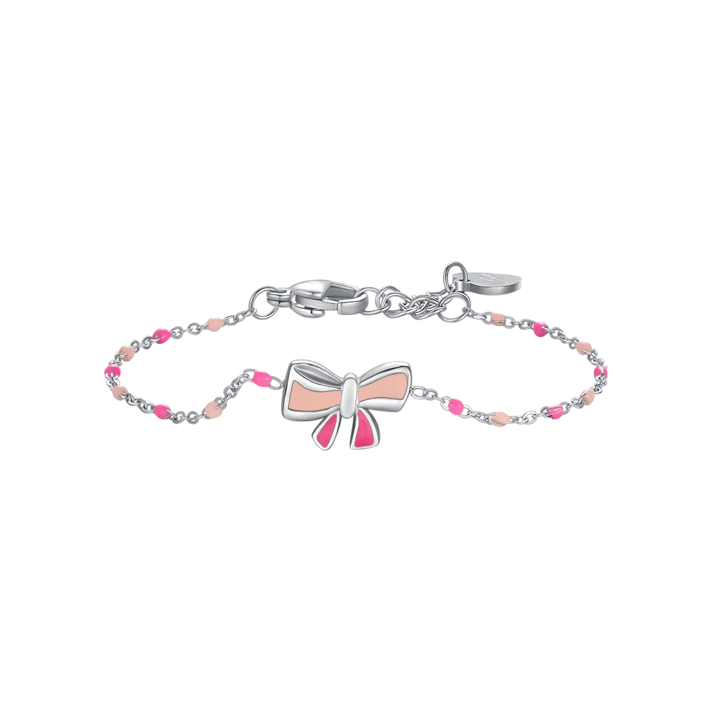 luca barra - BRACCIALE IN ACCIAO, FIOCCO CON SMALTO ROSA E FUCSIA E PIETRE COLORATE