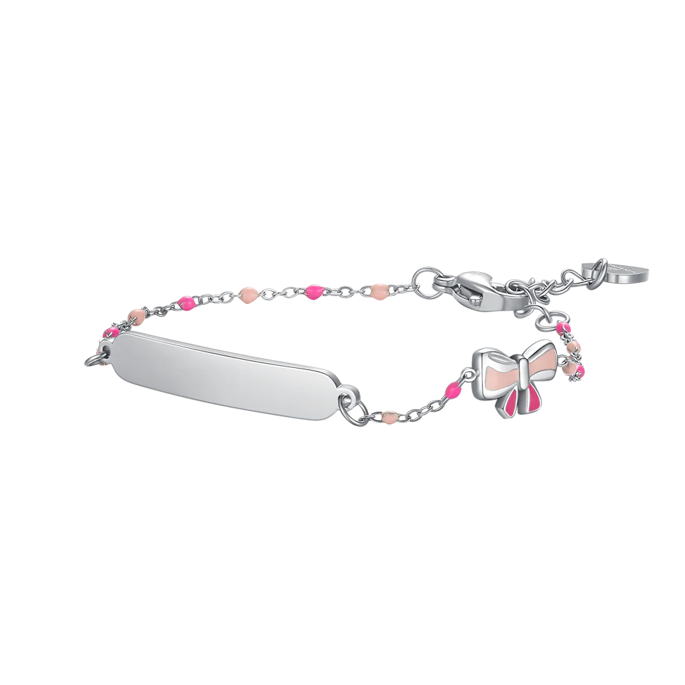 luca barra - BRACCIALE IN ACCIAIO, PIASTRA E FIOCCO CON SMALTO ROSA E FUSCIA E PIETRE COLORATA