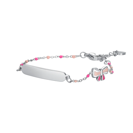 luca barra - BRACCIALE IN ACCIAIO, PIASTRA E FIOCCO CON SMALTO ROSA E FUSCIA E PIETRE COLORATA