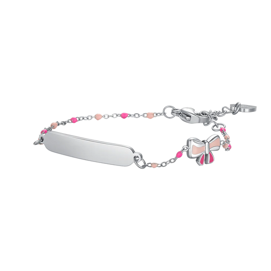 luca barra - BRACCIALE IN ACCIAIO, PIASTRA E FIOCCO CON SMALTO ROSA E FUSCIA E PIETRE COLORATA