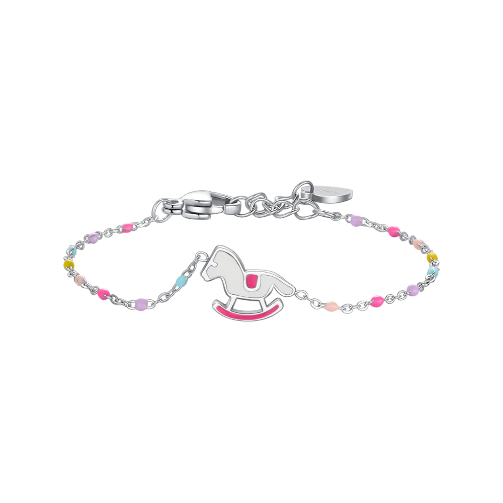 luca barra - BRACCIALE IN ACCIAIO, PIASTRA E CAVALLO A DONDOLO CON SMALTO ROSA E FUCSIA E PIE