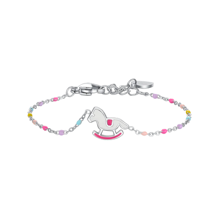 luca barra - BRACCIALE IN ACCIAIO, PIASTRA E CAVALLO A DONDOLO CON SMALTO ROSA E FUCSIA E PIE