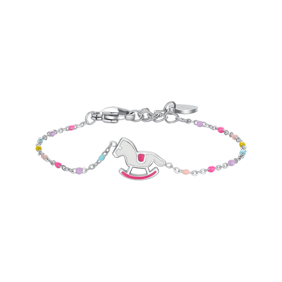 luca barra - BRACCIALE IN ACCIAIO, PIASTRA E CAVALLO A DONDOLO CON SMALTO ROSA E FUCSIA E PIE