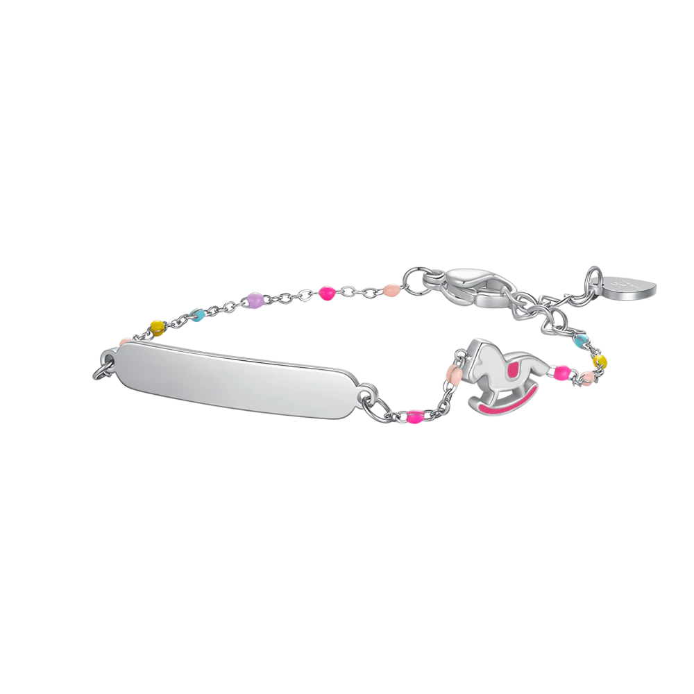 luca barra - BRACCIALE IN ACCIAIO, CAVALLO A DONDOLO CON SMALTO ROSA E FUCSIA E PIETRE COLOR