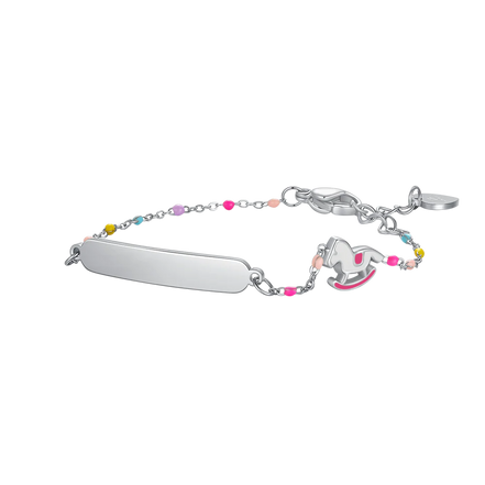 luca barra - BRACCIALE IN ACCIAIO, CAVALLO A DONDOLO CON SMALTO ROSA E FUCSIA E PIETRE COLOR