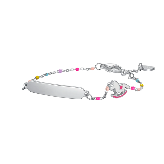 luca barra - BRACCIALE IN ACCIAIO, CAVALLO A DONDOLO CON SMALTO ROSA E FUCSIA E PIETRE COLOR