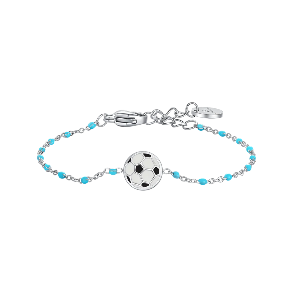 luca barra - BRACCIALE IN ACCIAIO CON PALLONE E PIETRE BIANCHE E AZZURRE