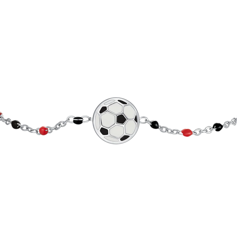 luca barra - BRACCIALE IN ACCIAIO CON PALLONE E PIETRE NERE E ROSSE