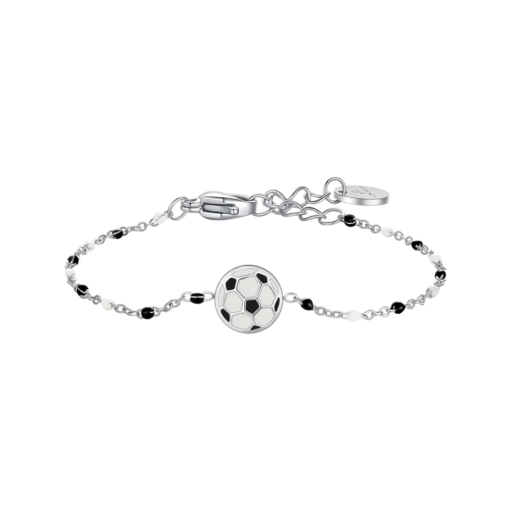 luca barra - BRACCIALE IN ACCIAIO CON PALLONE E PIETRE NERE E BIANCHE