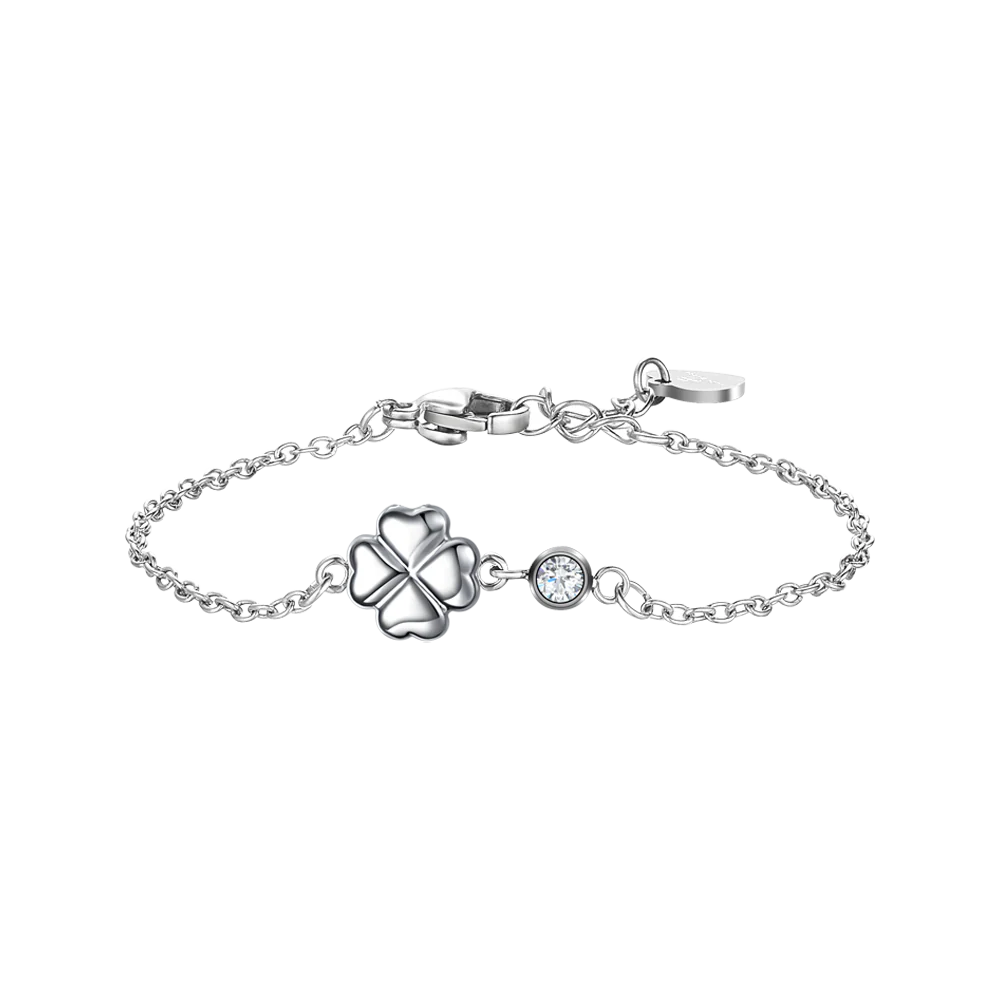 luca barra - BRACCIALE IN ACCIAIO CON QUADRIFOGLIO E CRISTALLO BIANCO