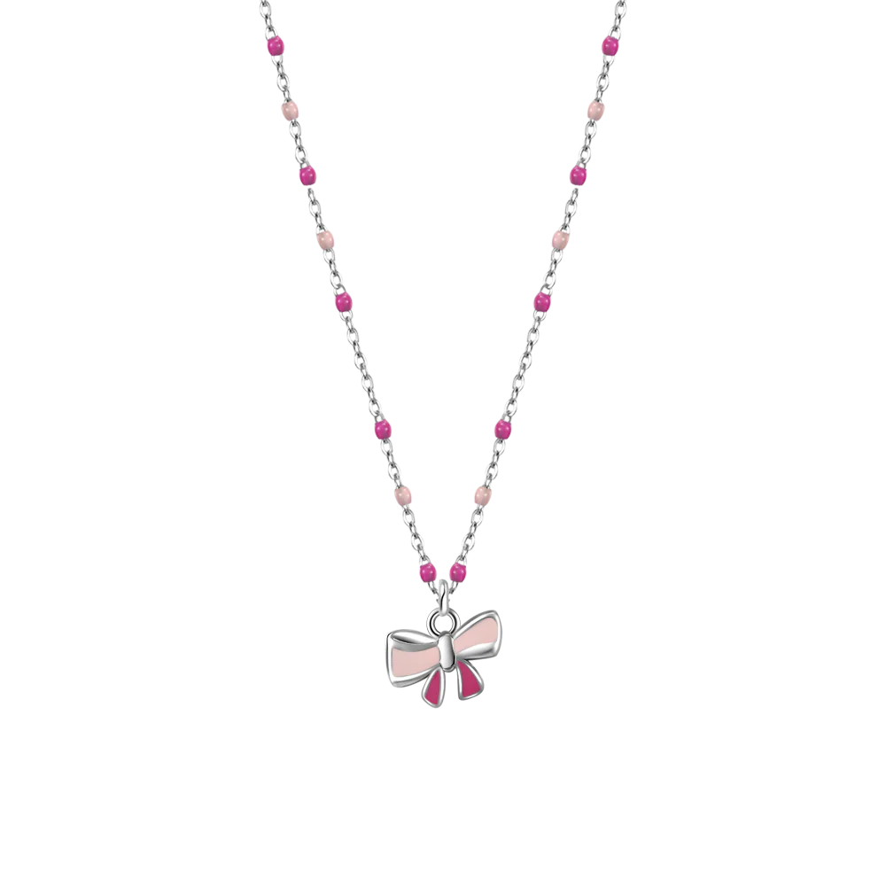 luca barra - COLLANA IN ACCIAIO, FIOCCO CON SMALTO ROSA E FUCSIA E PIETRE COLORATE