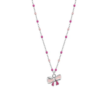 luca barra - COLLANA IN ACCIAIO, FIOCCO CON SMALTO ROSA E FUCSIA E PIETRE COLORATE