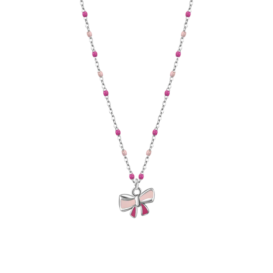 luca barra - COLLANA IN ACCIAIO, FIOCCO CON SMALTO ROSA E FUCSIA E PIETRE COLORATE