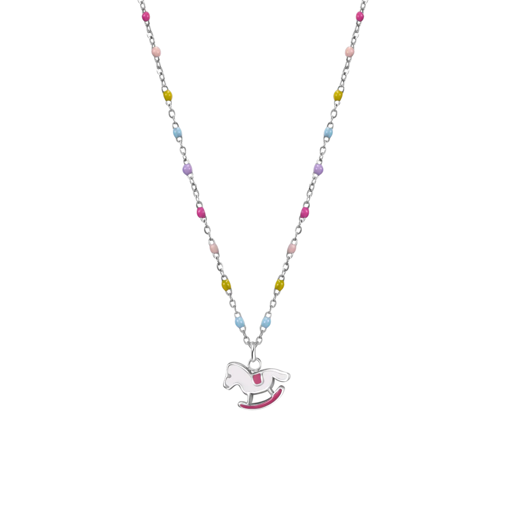 luca barra - COLLANA IN ACCIAIO, CAVALLO A DONDOLO CON SMALTO ROSA E FUCSIA E PIETRE COLORATE