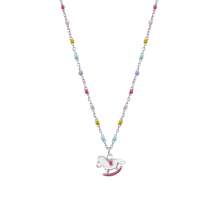 luca barra - COLLANA IN ACCIAIO, CAVALLO A DONDOLO CON SMALTO ROSA E FUCSIA E PIETRE COLORATE