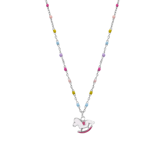 luca barra - COLLANA IN ACCIAIO, CAVALLO A DONDOLO CON SMALTO ROSA E FUCSIA E PIETRE COLORATE