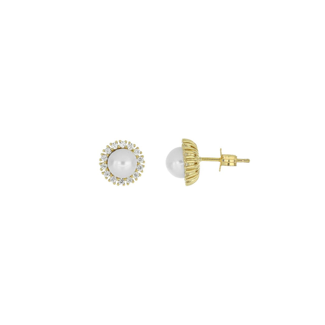 igold - Orecchini a lobo con perla e contorno di zirconi in oro giallo 375% 9 kt