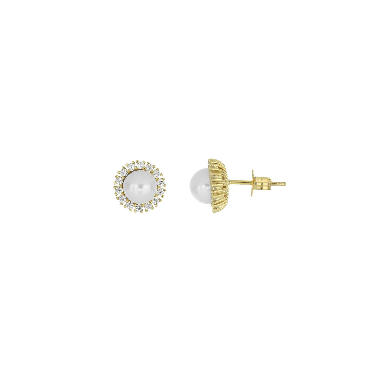 igold - Orecchini a lobo con perla e contorno di zirconi in oro giallo 375% 9 kt