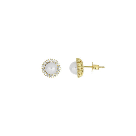 igold - Orecchini a lobo con perla e contorno di zirconi in oro giallo 375% 9 kt
