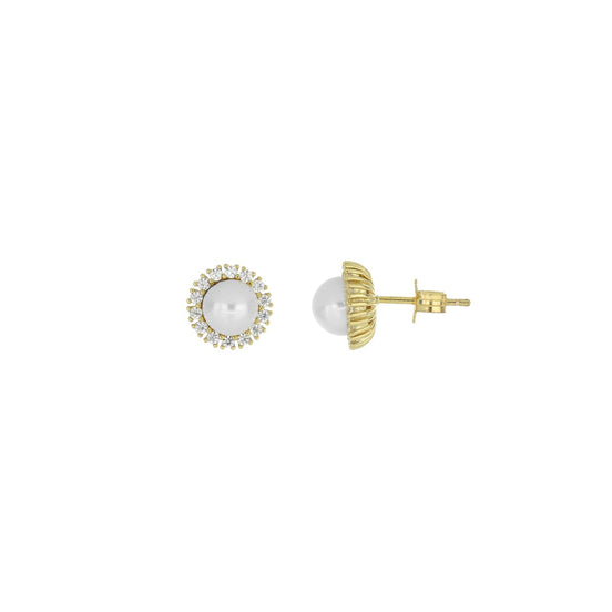 igold - Orecchini a lobo con perla e contorno di zirconi in oro giallo 375% 9 kt