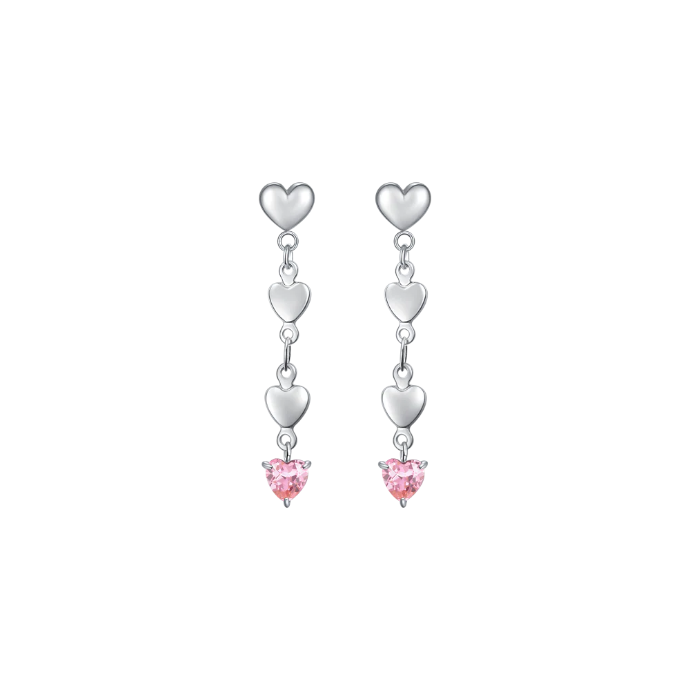 luca barra - ORECCHINI DONNA IN ACCIAIO CON CUORI E ZIRCONE ROSA