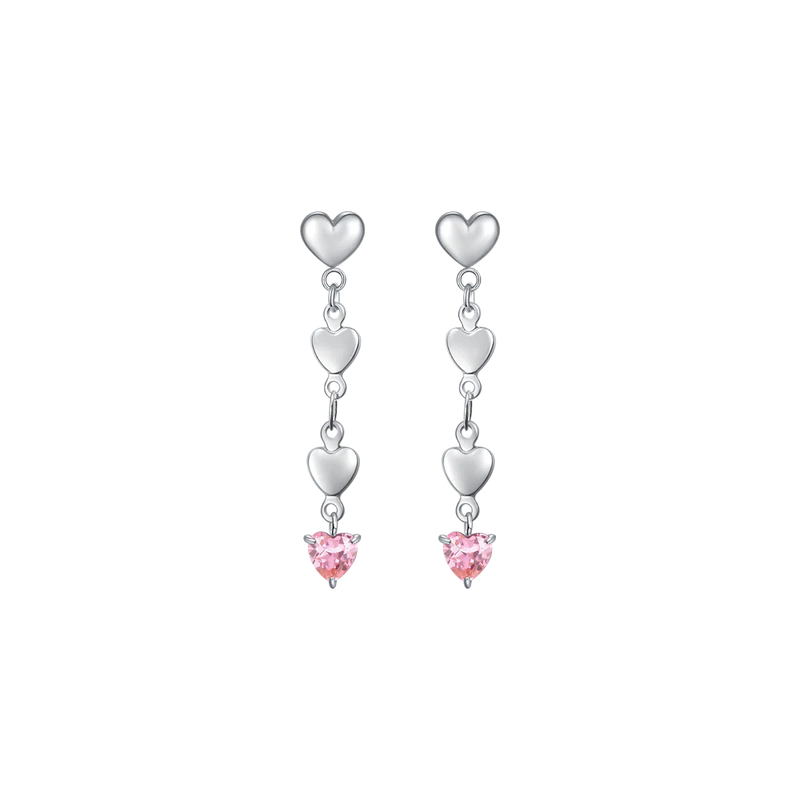 luca barra - ORECCHINI DONNA IN ACCIAIO CON CUORI E ZIRCONE ROSA