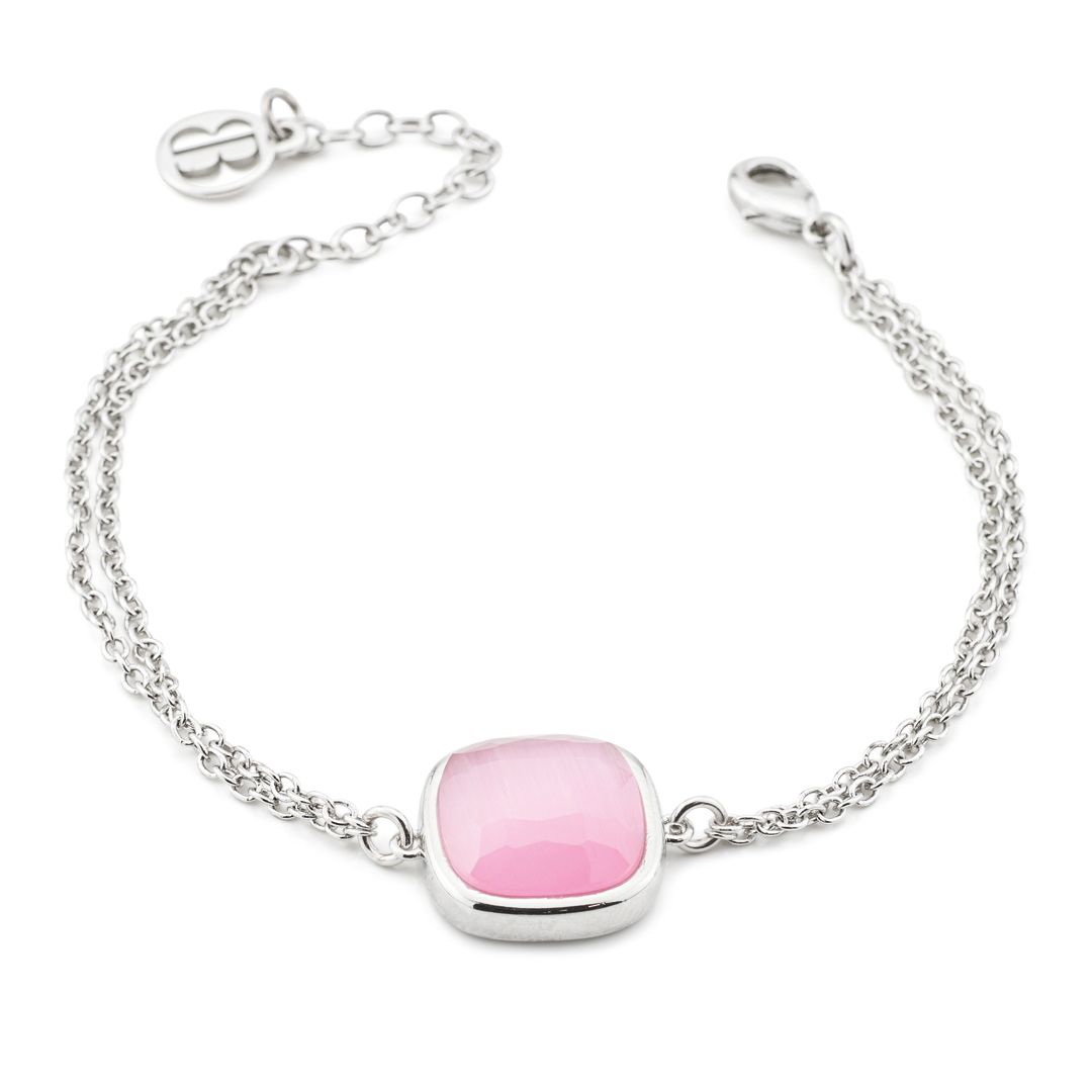 Bracciale rodiato con doppia catena e cristallo grande rosa baby XB1009R