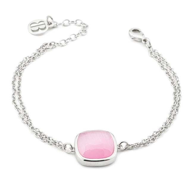 Bracciale rodiato con doppia catena e cristallo grande rosa baby XB1009R