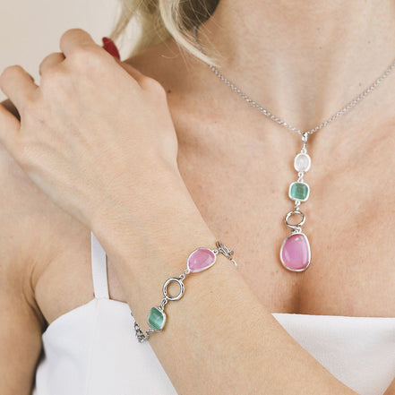 Bracciale rodiato con tre cristalli multicolor e moduli circolari XB1016R