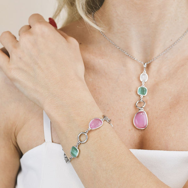 Bracciale rodiato con tre cristalli multicolor e moduli circolari XB1016R