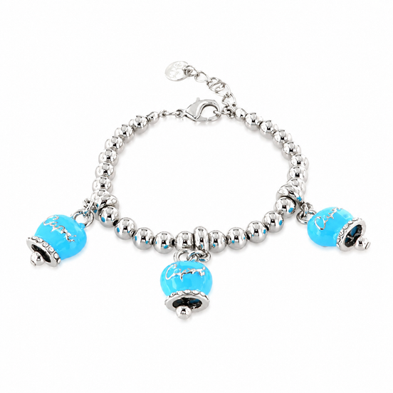 Amo Capri - Bracciale in Metallo maglia a sfere, con tre campanelle portafortuna smaltate azzurre e cristalli