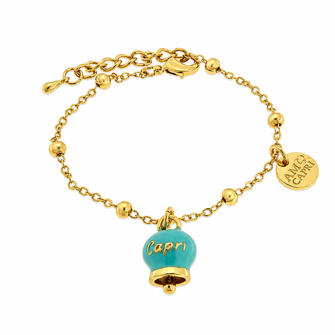 Amo Capri - Bracciale in Metallo con campanella portafortuna turchese