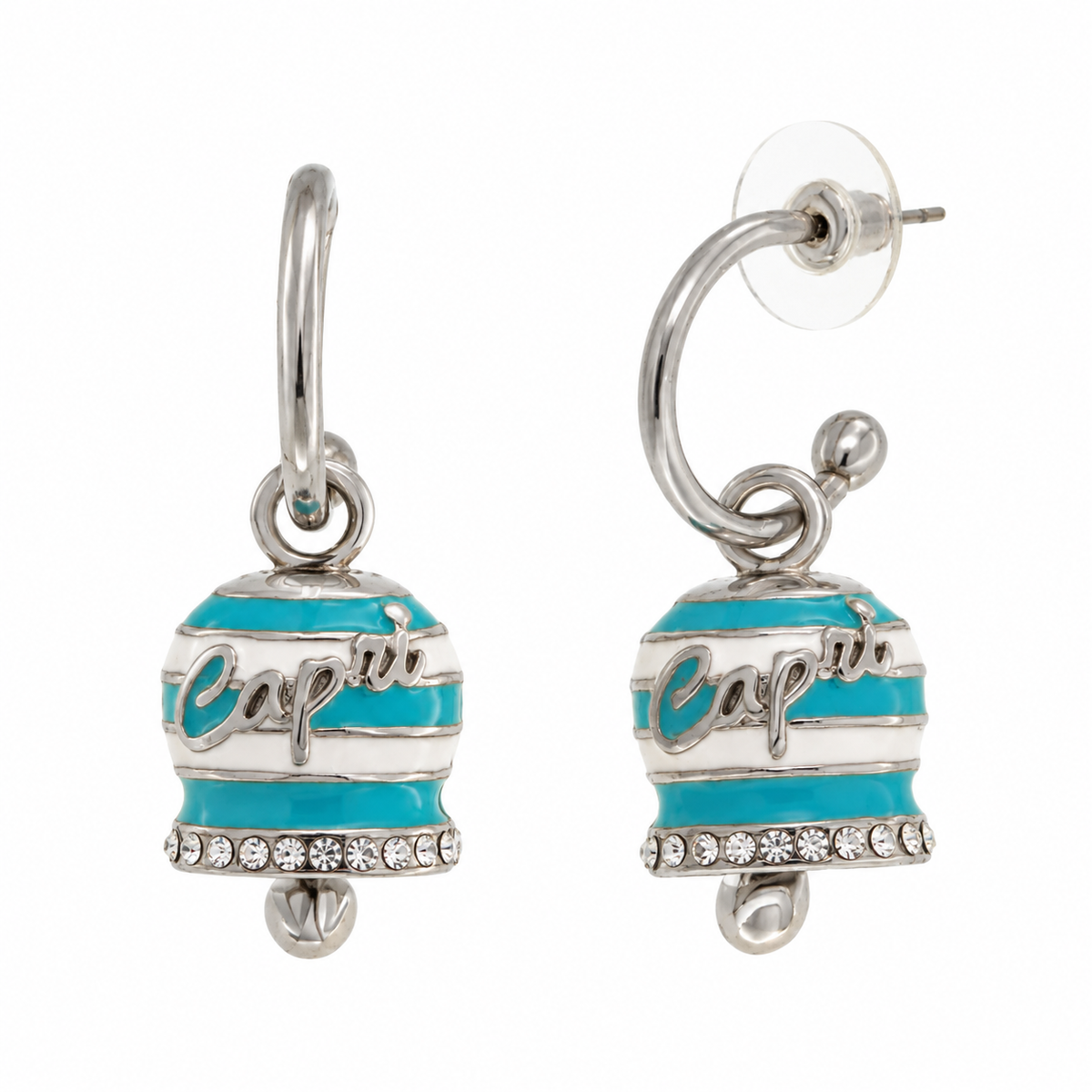 Amo Capri - Orecchini in acciaio con la campanella di Capri a strisce azzurre
