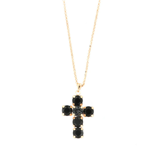 BYSIMON - Collana in Argento 925 croce pendente arricchita da cristalli neri con al centro cristallo fumè.