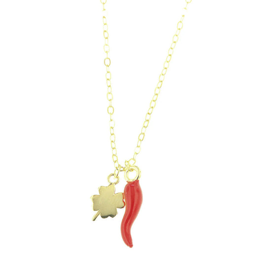 BYSIMON - Collana in Argento 925 con corno portafortuna impreziosito da smalto rosso e quadrifoglio portafortuna
