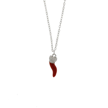 BYSIMON - Collana in Argento 925 con corno rosso e zirconi bianchi