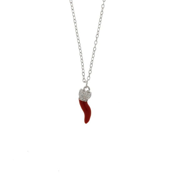 BYSIMON - Collana in Argento 925 con corno rosso e zirconi bianchi