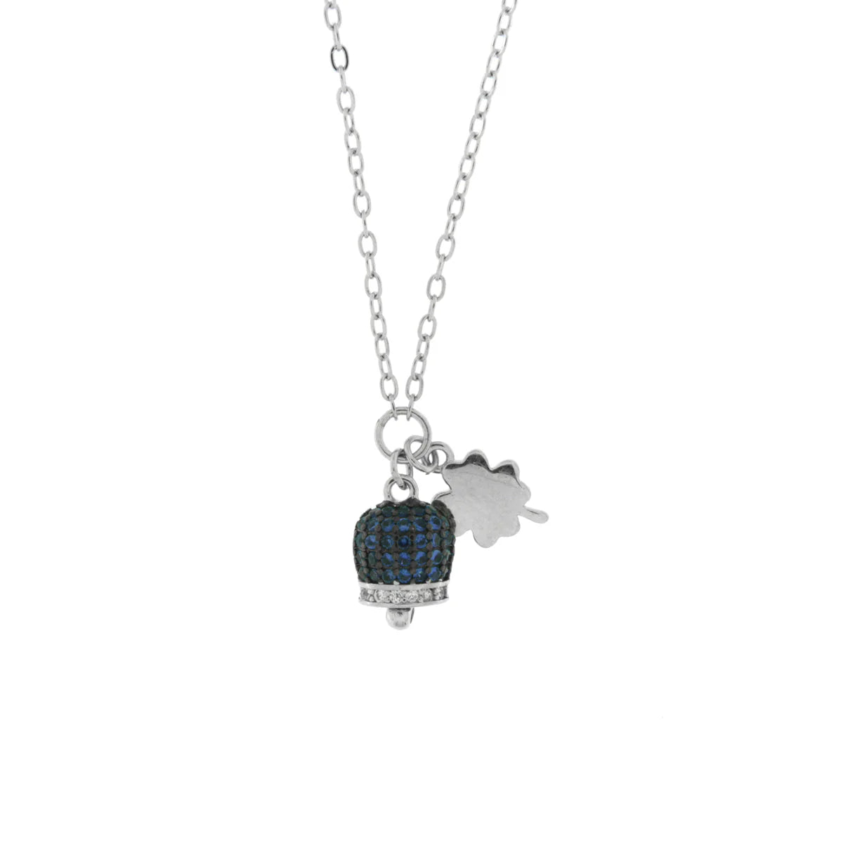 BYSIMON - Collana in Argento 925 campanella portafortuna con quadrifoglio e cubic zirconi blu