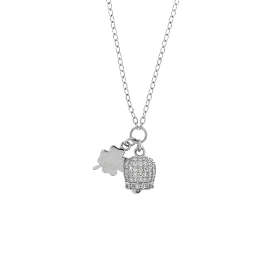 BYSIMON - Collana in Argento 925 campanella portafortuna con quadrifoglio e cubic zirconi