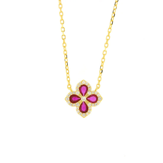 BYSIMON - Collana in Argento 925 fiore rosso placcato oro