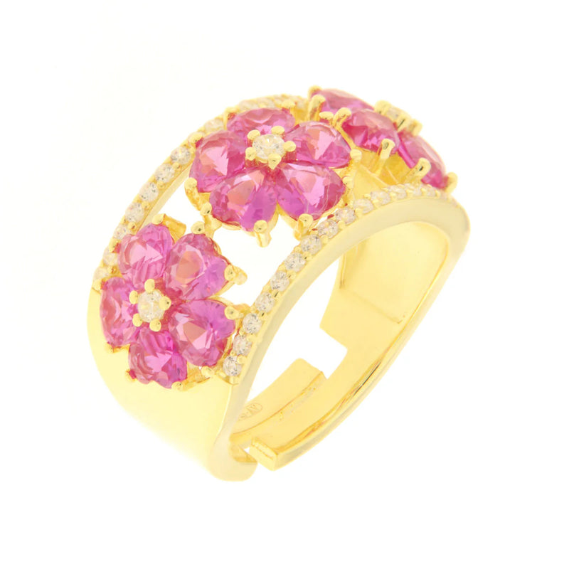 BYSIMON -  Anello in Argento 925 con fiori di cristalli rosa e zirconi