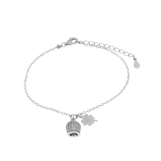 BYSIMON - Bracciale in Argento 925 campanella portafortuna impreziosito da zirconi bianchi e quadrifoglio