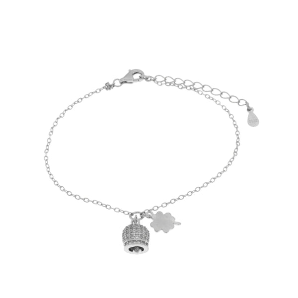 BYSIMON - Bracciale in Argento 925 campanella portafortuna impreziosito da zirconi bianchi e quadrifoglio