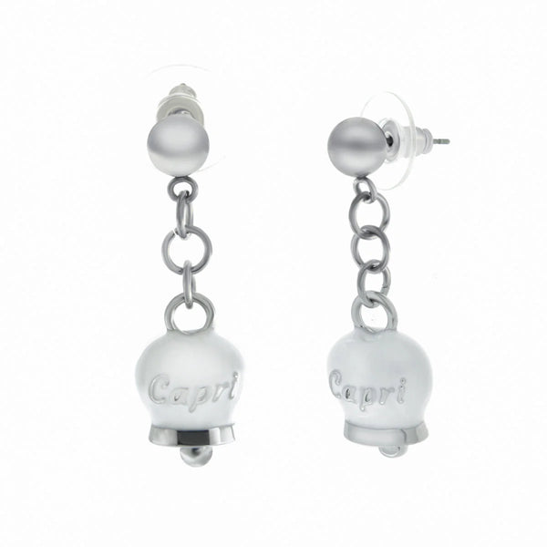Amo Capri - Orecchini in Acciaio con campanella pendente bianca con scritta Capri