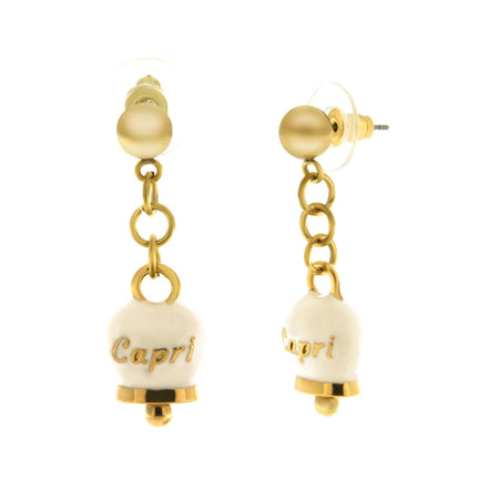 Amo Capri - Orecchini in Acciaio con campanella pendente bianca e oro con scritta Capri